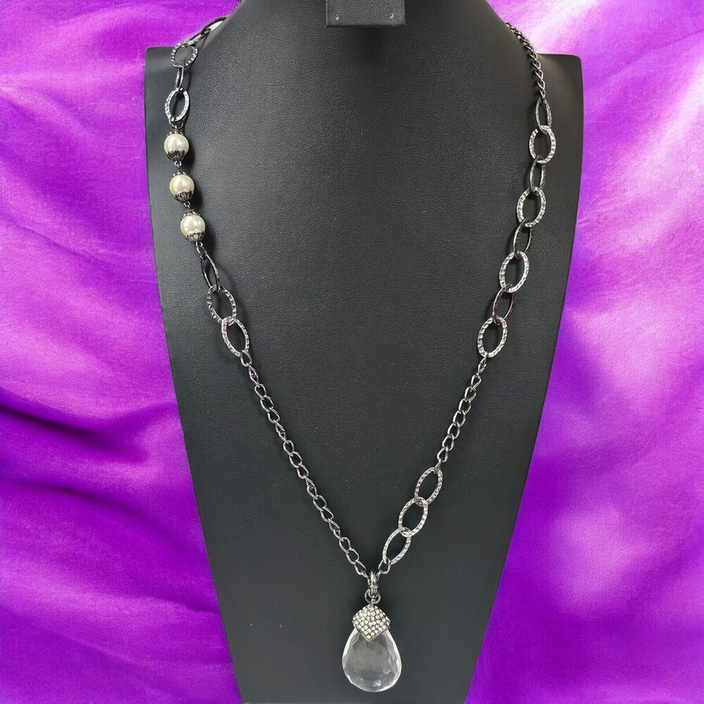 Long Necklace Facted Lucite Teardrop Pendant Faux Pearl Rhinestone Gunmetal Gray